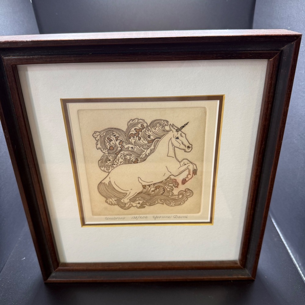 Yvonne Davis Signed Numbered Etching Unicorn Limited Edition 138/200 Framed Art